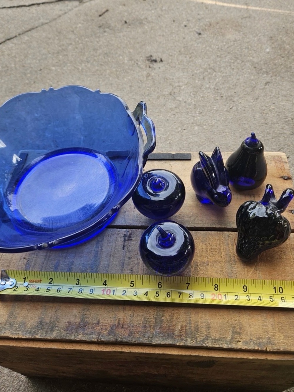 Vintage Cobalt Blue Art Glass Fruit & Animal Figurine Lot + Handled Bowl